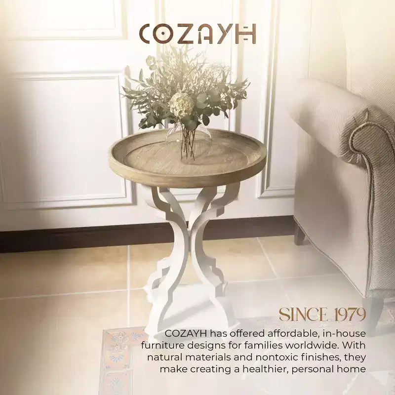 COZAYH Round Rustic Wood Accent Tray Top Nightstand Side Table, White, Set of 2