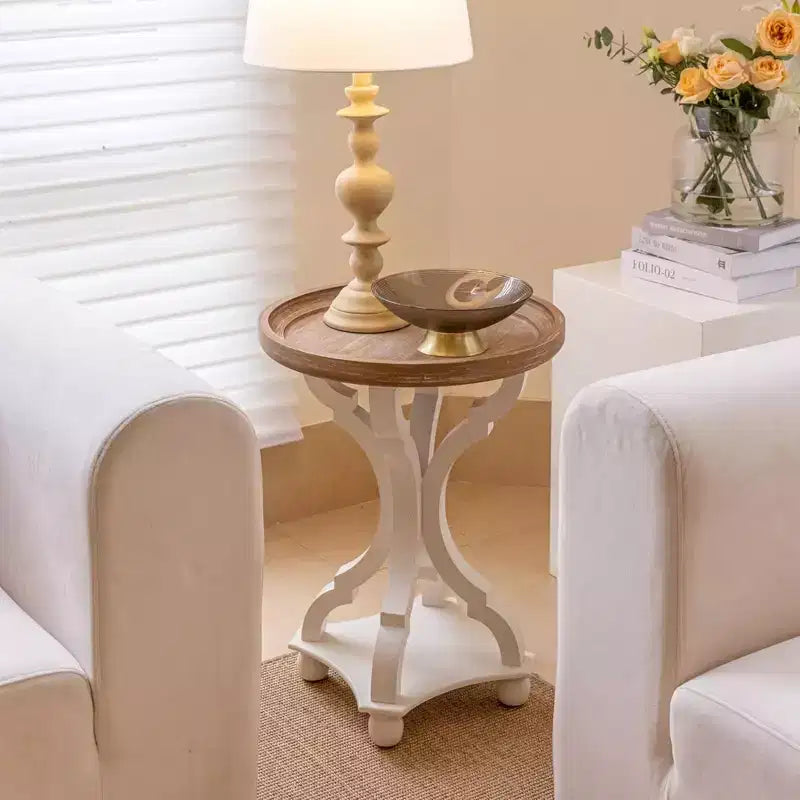 COZAYH Round Rustic Wood Accent Tray Top Nightstand Side Table, White, Set of 2