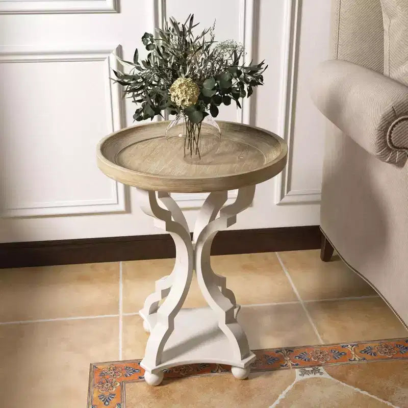 COZAYH Round Rustic Wood Accent Tray Top Nightstand Side Table, White, Set of 2