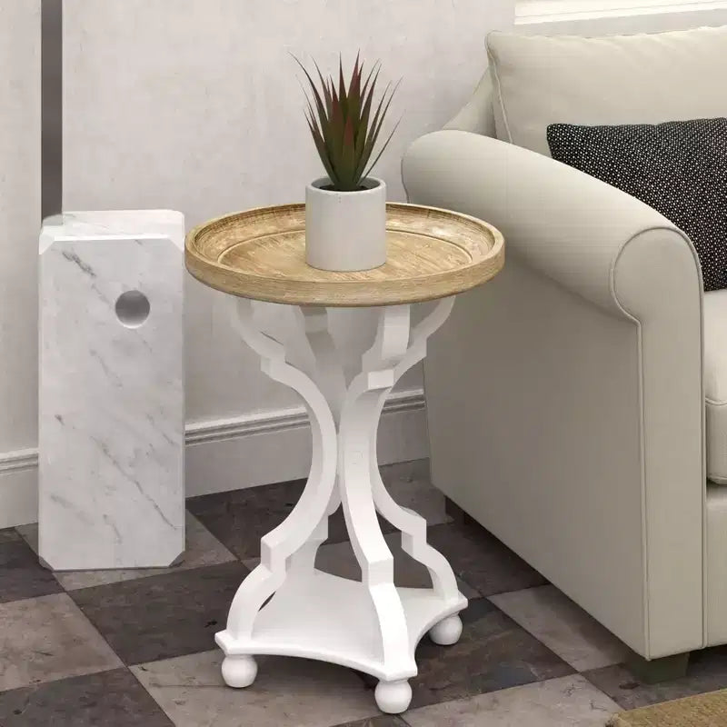 COZAYH Round Rustic Wood Accent Tray Top Nightstand Side Table, White, Set of 2