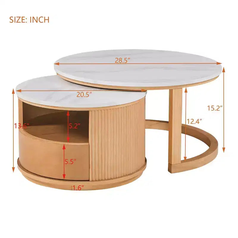 Okak Modern Round Fluted Coffee Table with Hidden Storage Space,Stone/Wood Veneer Center Table for Living Room,Bedroom