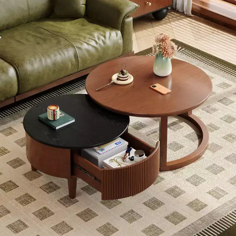 Okak Modern Round Fluted Coffee Table with Hidden Storage Space,Stone/Wood Veneer Center Table for Living Room,Bedroom