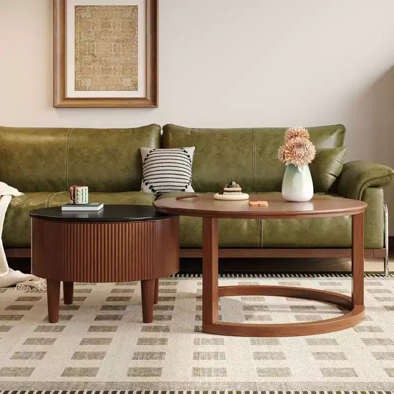 Okak Modern Round Fluted Coffee Table with Hidden Storage Space,Stone/Wood Veneer Center Table for Living Room,Bedroom