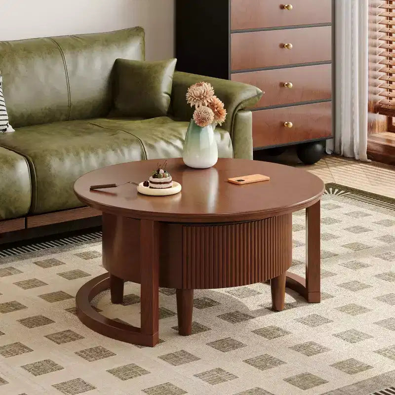 Okak Modern Round Fluted Coffee Table with Hidden Storage Space,Stone/Wood Veneer Center Table for Living Room,Bedroom