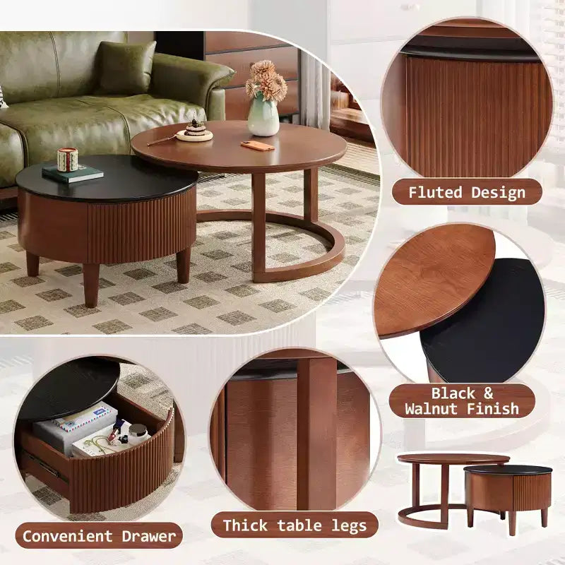 Okak Modern Round Fluted Coffee Table with Hidden Storage Space,Stone/Wood Veneer Center Table for Living Room,Bedroom