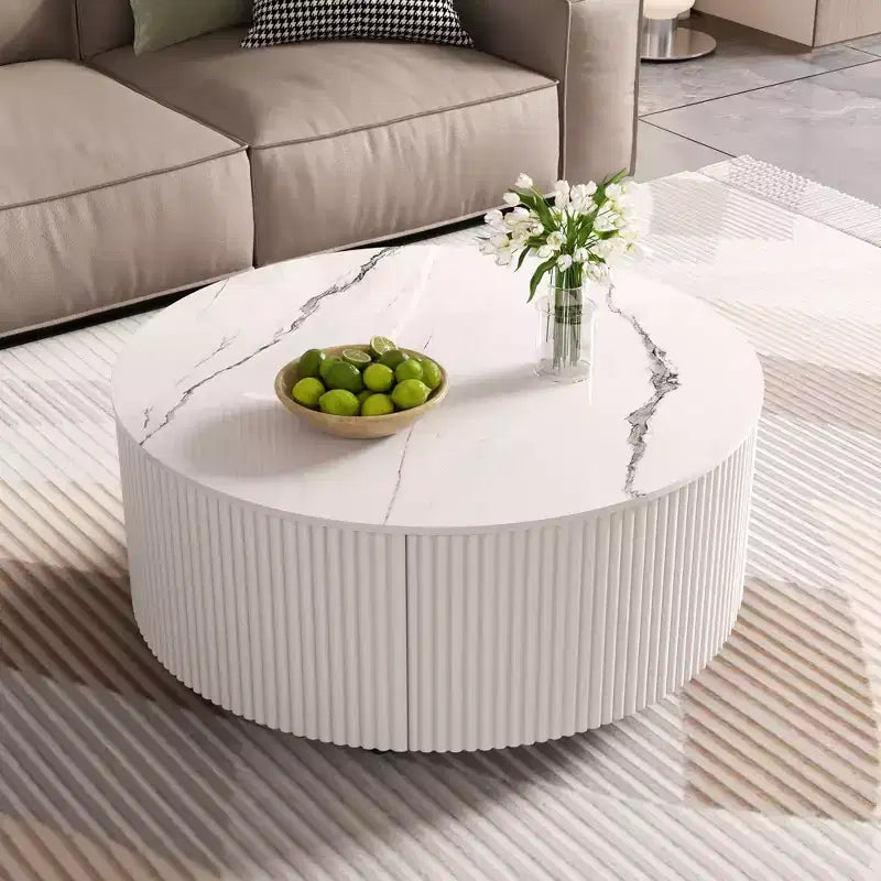 Okak Modern Round Fluted Coffee Table with Hidden Storage Space,Stone/Wood Veneer Center Table for Living Room,Bedroom
