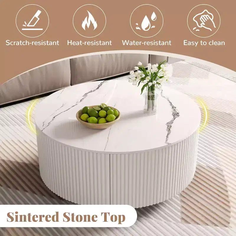 Okak Modern Round Fluted Coffee Table with Hidden Storage Space,Stone/Wood Veneer Center Table for Living Room,Bedroom