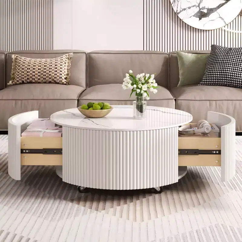 Okak Modern Round Fluted Coffee Table with Hidden Storage Space,Stone/Wood Veneer Center Table for Living Room,Bedroom