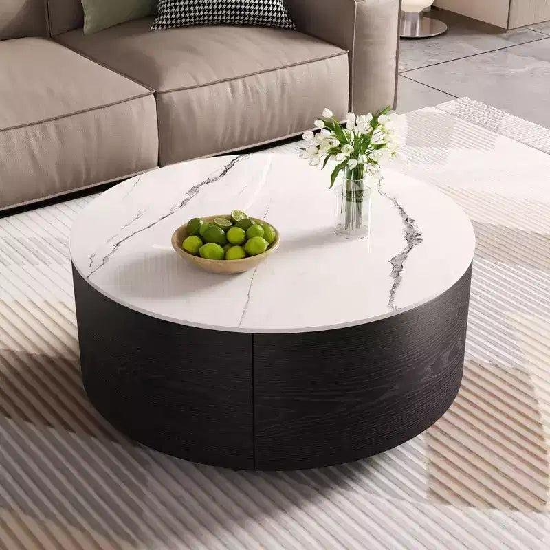 Okak Modern Round Fluted Coffee Table with Hidden Storage Space,Stone/Wood Veneer Center Table for Living Room,Bedroom