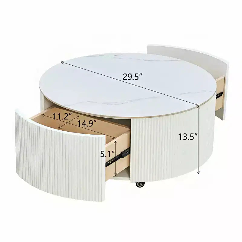 Okak Modern Round Fluted Coffee Table with Hidden Storage Space,Stone/Wood Veneer Center Table for Living Room,Bedroom