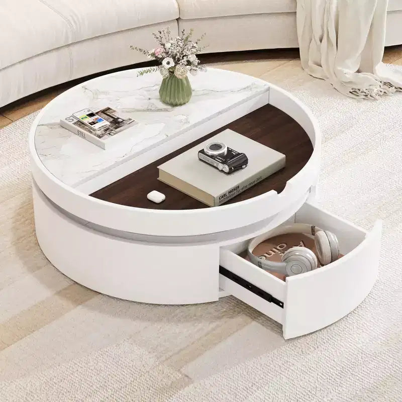 Okak Modern Round Fluted Coffee Table with Hidden Storage Space,Stone/Wood Veneer Center Table for Living Room,Bedroom