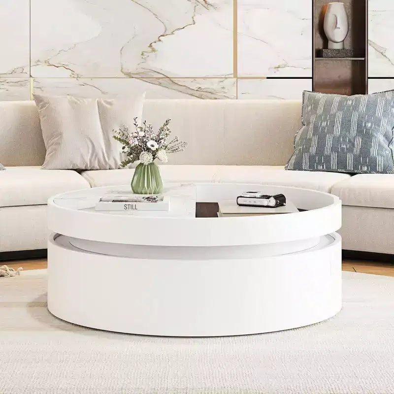 Okak Modern Round Fluted Coffee Table with Hidden Storage Space,Stone/Wood Veneer Center Table for Living Room,Bedroom