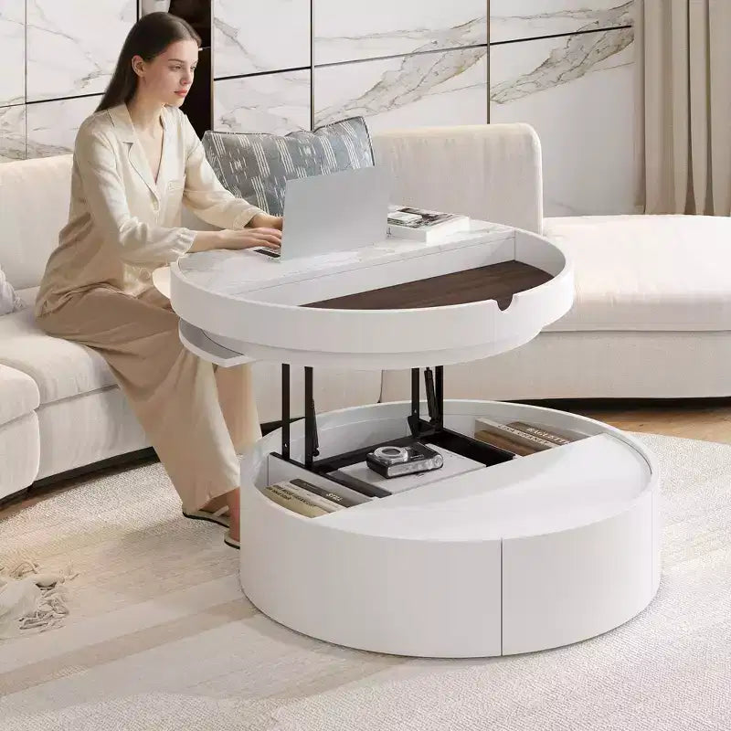 Okak Modern Round Fluted Coffee Table with Hidden Storage Space,Stone/Wood Veneer Center Table for Living Room,Bedroom