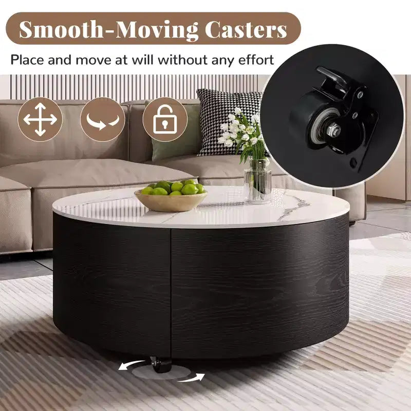 Okak Modern Round Fluted Coffee Table with Hidden Storage Space,Stone/Wood Veneer Center Table for Living Room,Bedroom