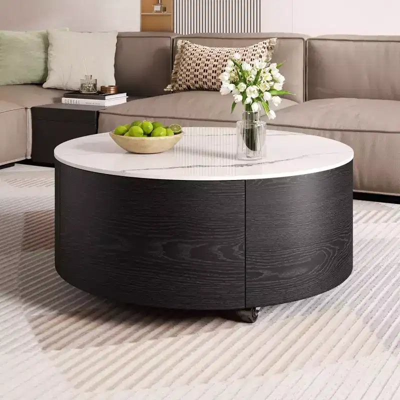 Okak Modern Round Fluted Coffee Table with Hidden Storage Space,Stone/Wood Veneer Center Table for Living Room,Bedroom
