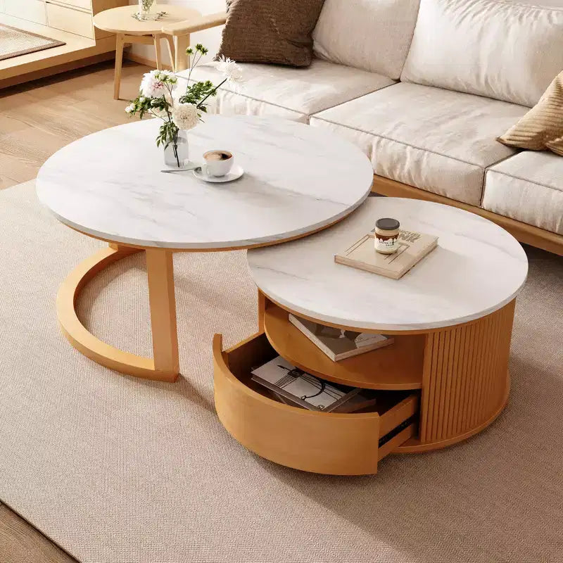 Okak Modern Round Fluted Coffee Table with Hidden Storage Space,Stone/Wood Veneer Center Table for Living Room,Bedroom
