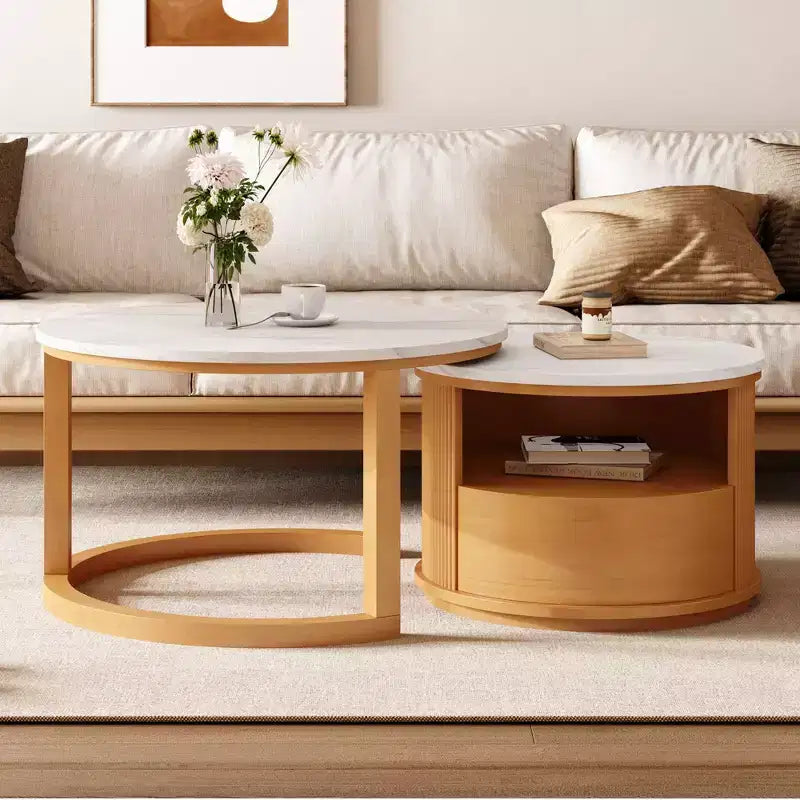 Okak Modern Round Fluted Coffee Table with Hidden Storage Space,Stone/Wood Veneer Center Table for Living Room,Bedroom
