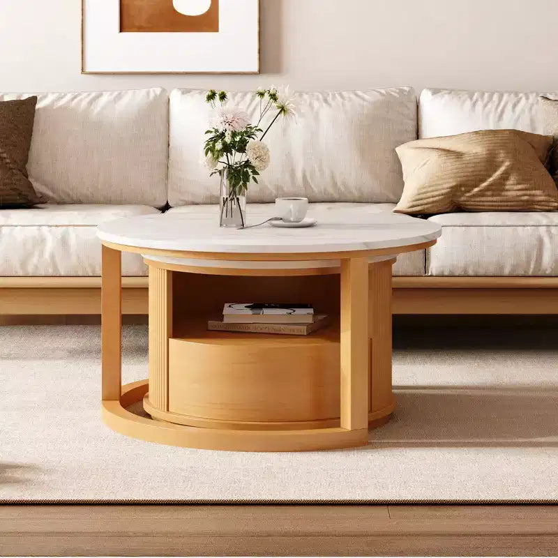 Okak Modern Round Fluted Coffee Table with Hidden Storage Space,Stone/Wood Veneer Center Table for Living Room,Bedroom