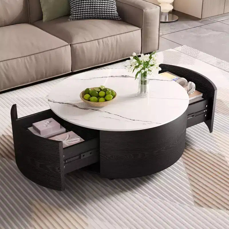 Okak Modern Round Fluted Coffee Table with Hidden Storage Space,Stone/Wood Veneer Center Table for Living Room,Bedroom