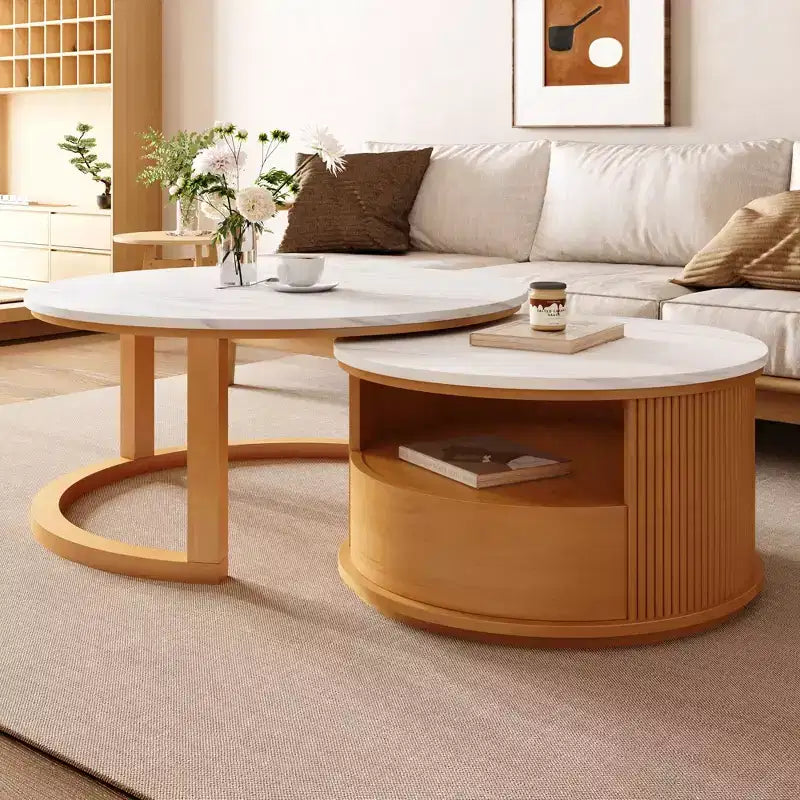 Okak Modern Round Fluted Coffee Table with Hidden Storage Space,Stone/Wood Veneer Center Table for Living Room,Bedroom