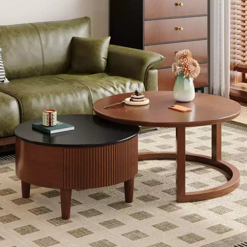Okak Modern Round Fluted Coffee Table with Hidden Storage Space,Stone/Wood Veneer Center Table for Living Room,Bedroom