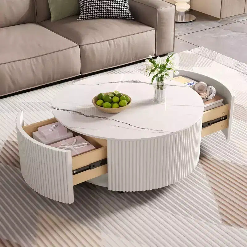 Okak Modern Round Fluted Coffee Table with Hidden Storage Space,Stone/Wood Veneer Center Table for Living Room,Bedroom