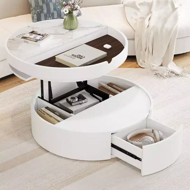 Okak Modern Round Fluted Coffee Table with Hidden Storage Space,Stone/Wood Veneer Center Table for Living Room,Bedroom