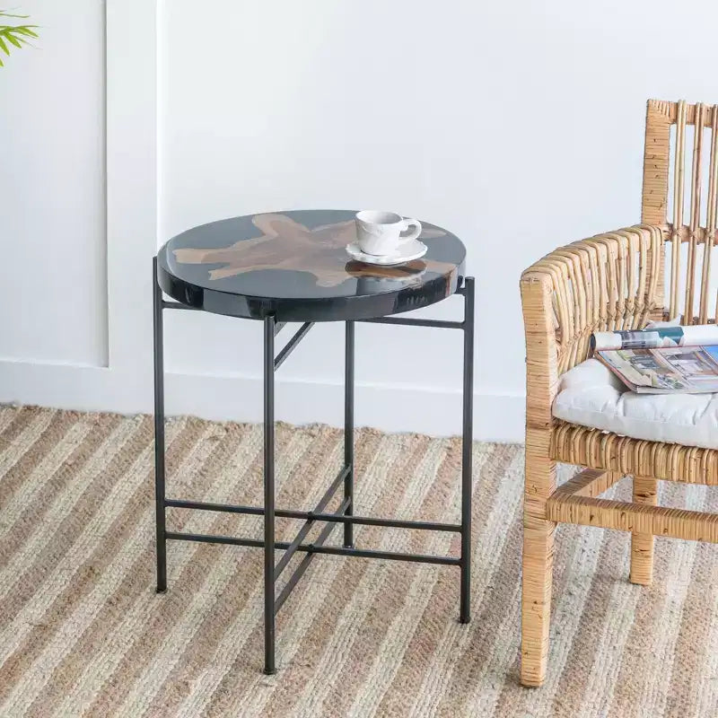GDFStudio Bissell Modern Industrial Teak Root Wood Side Table with Metal Frame