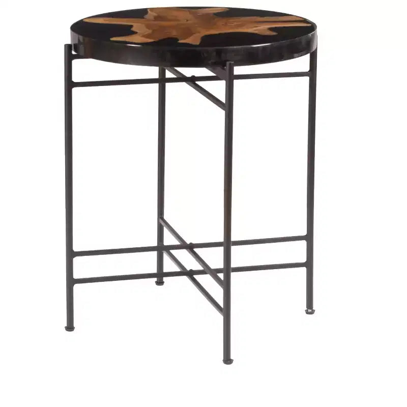 GDFStudio Bissell Modern Industrial Teak Root Wood Side Table with Metal Frame