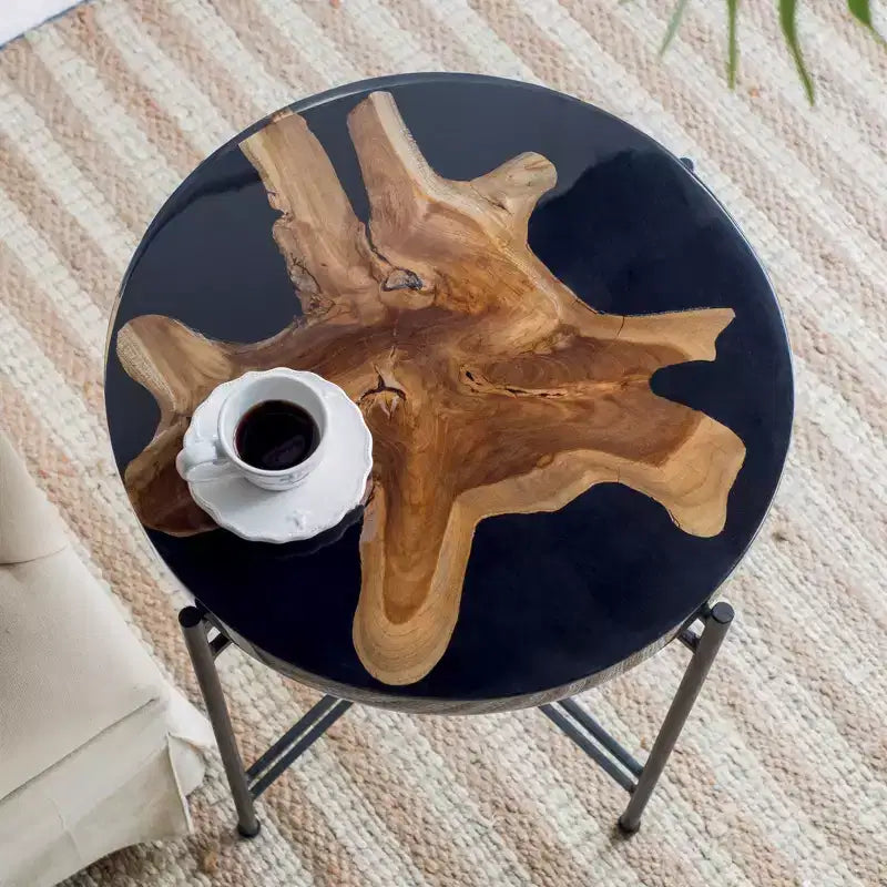 GDFStudio Bissell Modern Industrial Teak Root Wood Side Table with Metal Frame