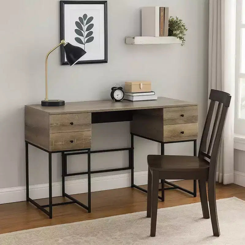 Royal Hampton Wooden Desk with 4 Drawers and Tubular Metal Support, Brown and Black