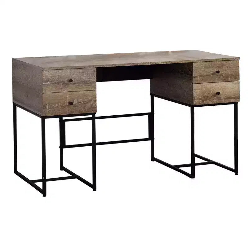 Royal Hampton Wooden Desk with 4 Drawers and Tubular Metal Support, Brown and Black