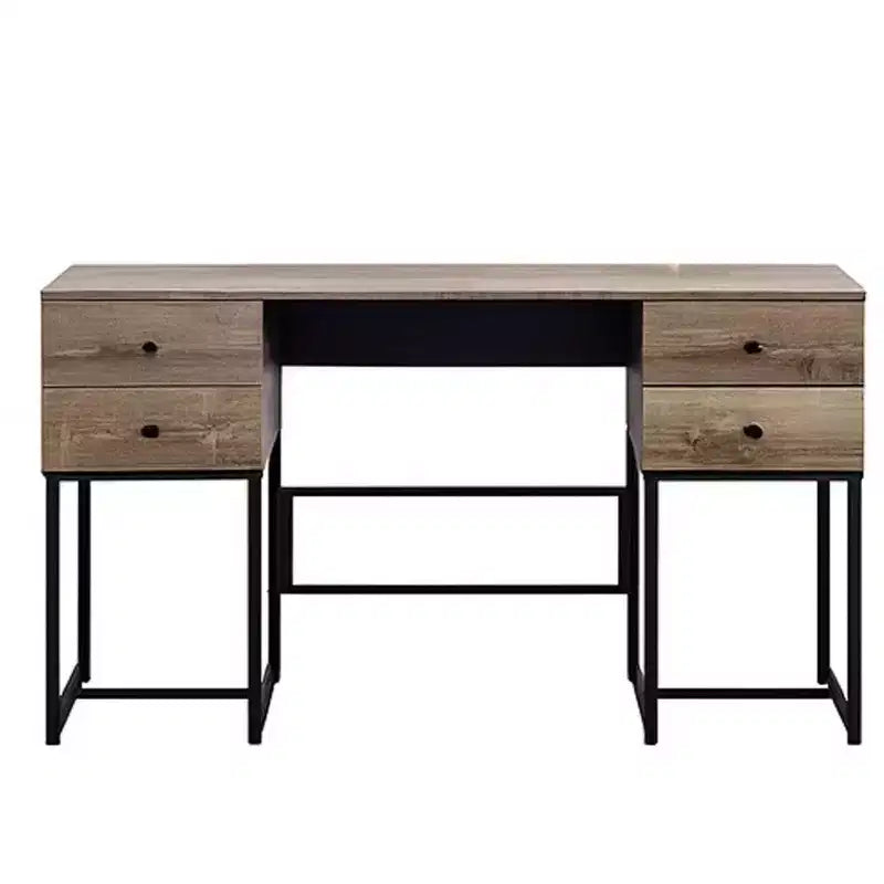 Royal Hampton Wooden Desk with 4 Drawers and Tubular Metal Support, Brown and Black