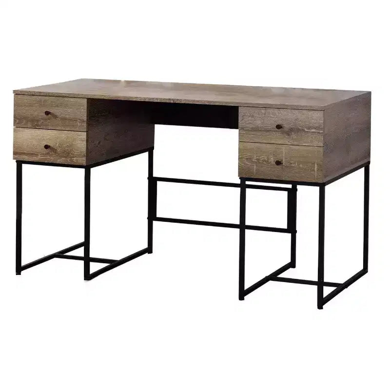 Royal Hampton Wooden Desk with 4 Drawers and Tubular Metal Support, Brown and Black