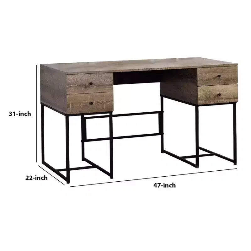 Royal Hampton Wooden Desk with 4 Drawers and Tubular Metal Support, Brown and Black
