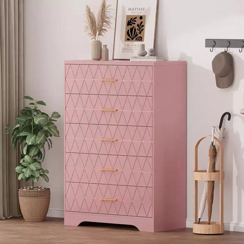 5 Drawer Tall Wood Dresser for Bedroom, Wooden Chest of Drawers with Gold Handles for Closet, Modern Storage Cabinet and Organizer Drawers
