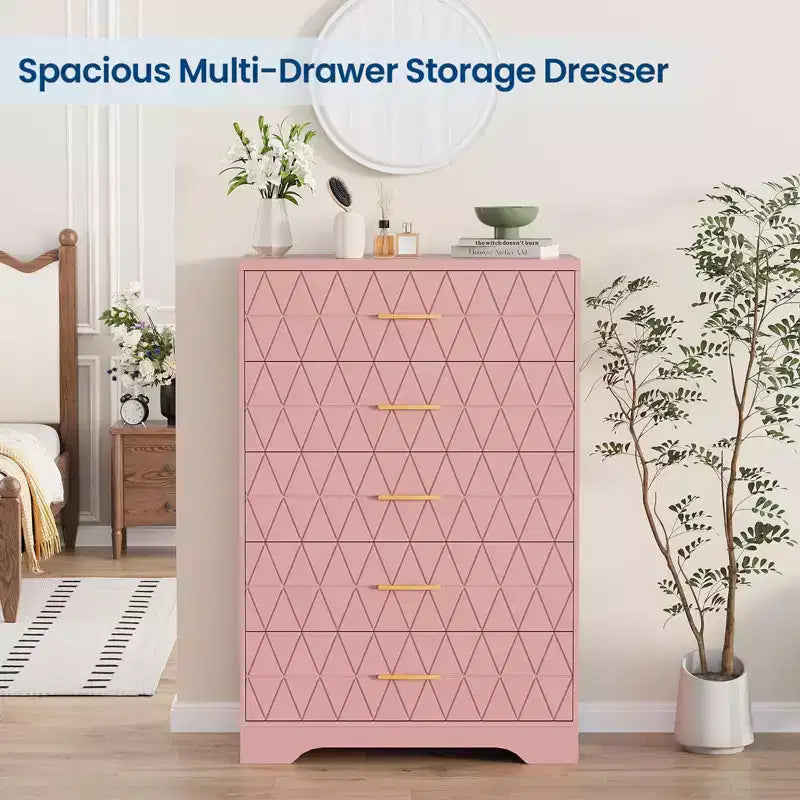 5 Drawer Tall Wood Dresser for Bedroom, Wooden Chest of Drawers with Gold Handles for Closet, Modern Storage Cabinet and Organizer Drawers