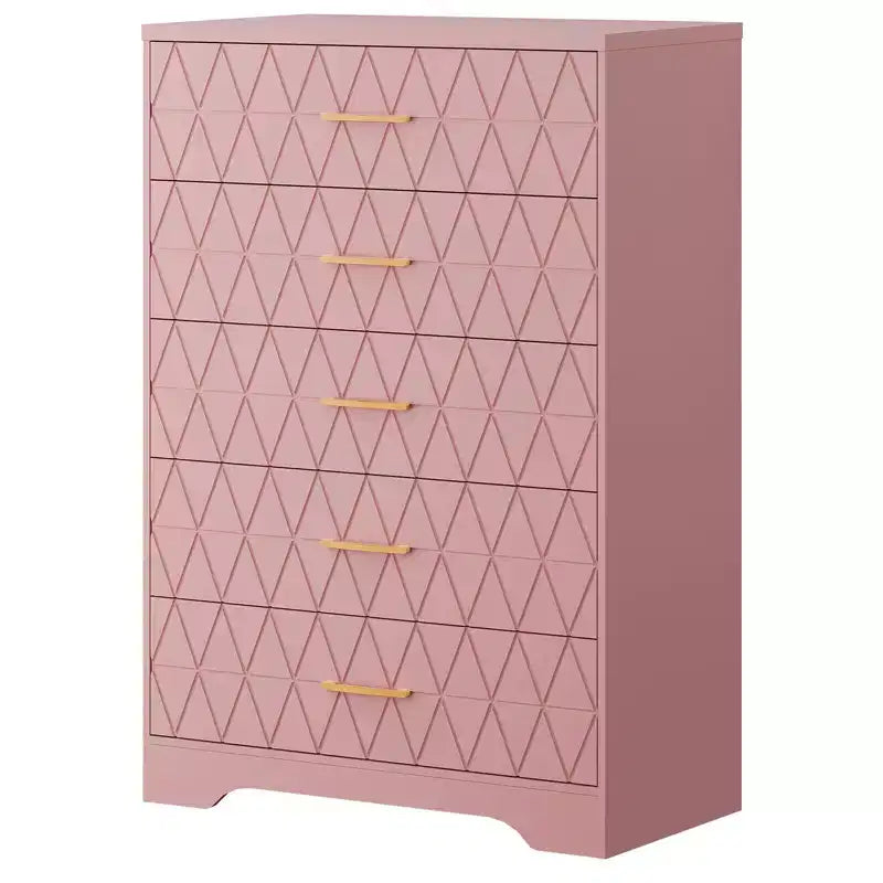 5 Drawer Tall Wood Dresser for Bedroom, Wooden Chest of Drawers with Gold Handles for Closet, Modern Storage Cabinet and Organizer Drawers