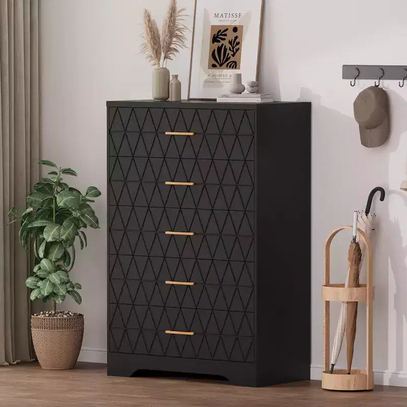 5 Drawer Tall Wood Dresser for Bedroom, Wooden Chest of Drawers with Gold Handles for Closet, Modern Storage Cabinet and Organizer Drawers
