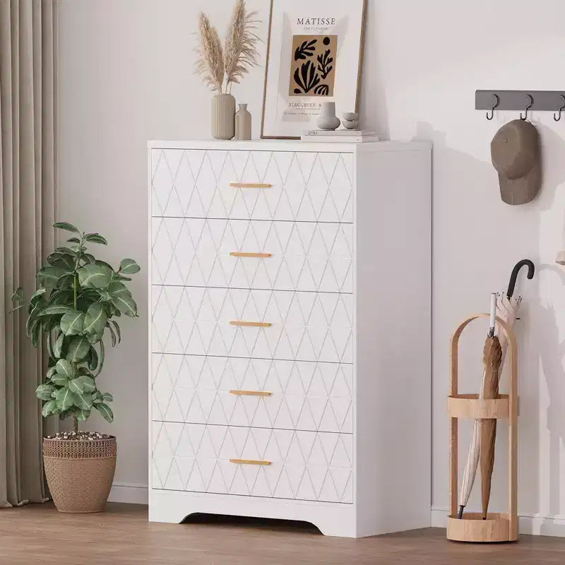 5 Drawer Tall Wood Dresser for Bedroom, Wooden Chest of Drawers with Gold Handles for Closet, Modern Storage Cabinet and Organizer Drawers