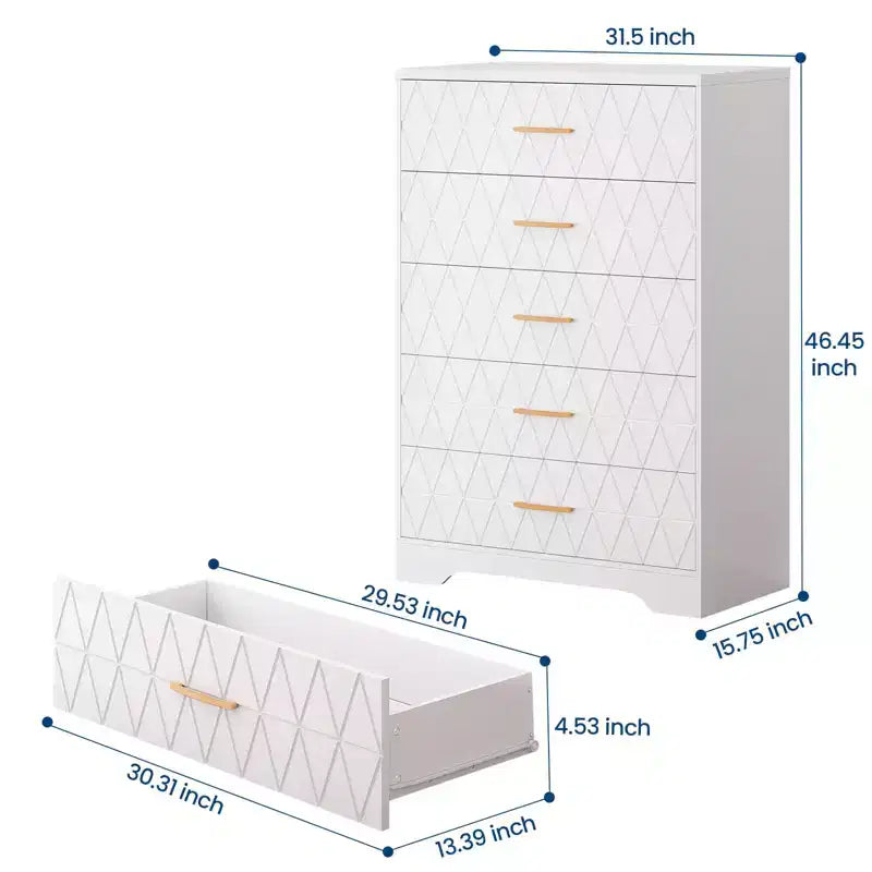 5 Drawer Tall Wood Dresser for Bedroom, Wooden Chest of Drawers with Gold Handles for Closet, Modern Storage Cabinet and Organizer Drawers