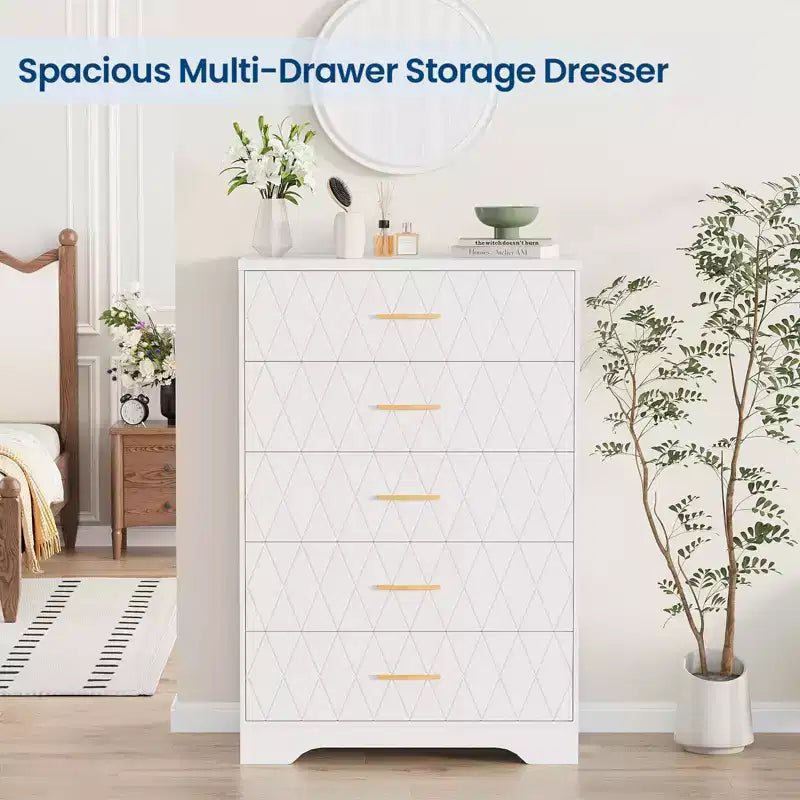 5 Drawer Tall Wood Dresser for Bedroom, Wooden Chest of Drawers with Gold Handles for Closet, Modern Storage Cabinet and Organizer Drawers