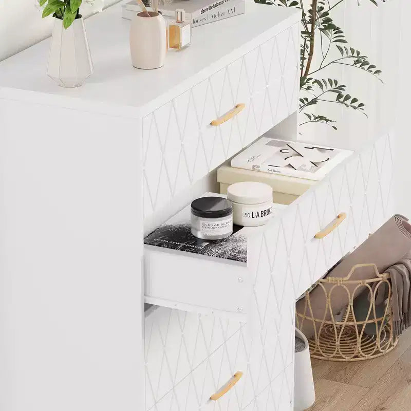 5 Drawer Tall Wood Dresser for Bedroom, Wooden Chest of Drawers with Gold Handles for Closet, Modern Storage Cabinet and Organizer Drawers