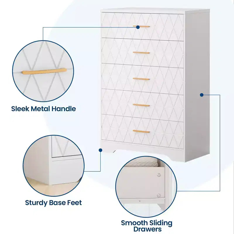 5 Drawer Tall Wood Dresser for Bedroom, Wooden Chest of Drawers with Gold Handles for Closet, Modern Storage Cabinet and Organizer Drawers