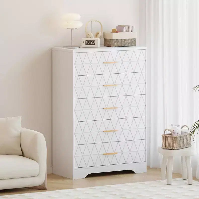 5 Drawer Tall Wood Dresser for Bedroom, Wooden Chest of Drawers with Gold Handles for Closet, Modern Storage Cabinet and Organizer Drawers