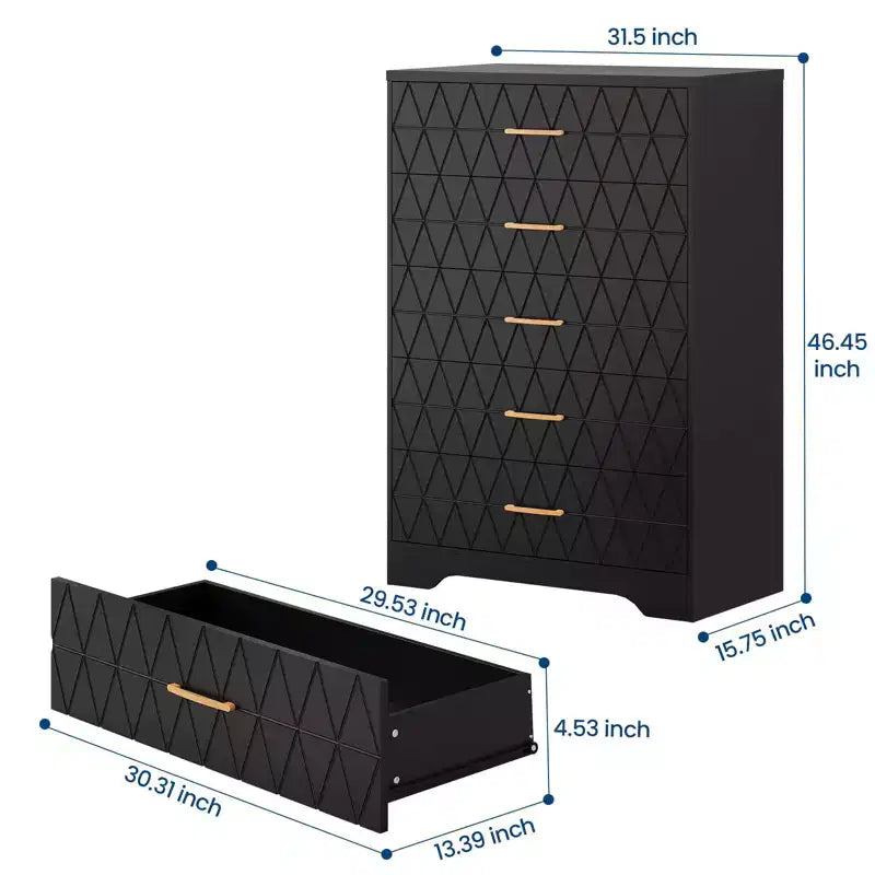 5 Drawer Tall Wood Dresser for Bedroom, Wooden Chest of Drawers with Gold Handles for Closet, Modern Storage Cabinet and Organizer Drawers