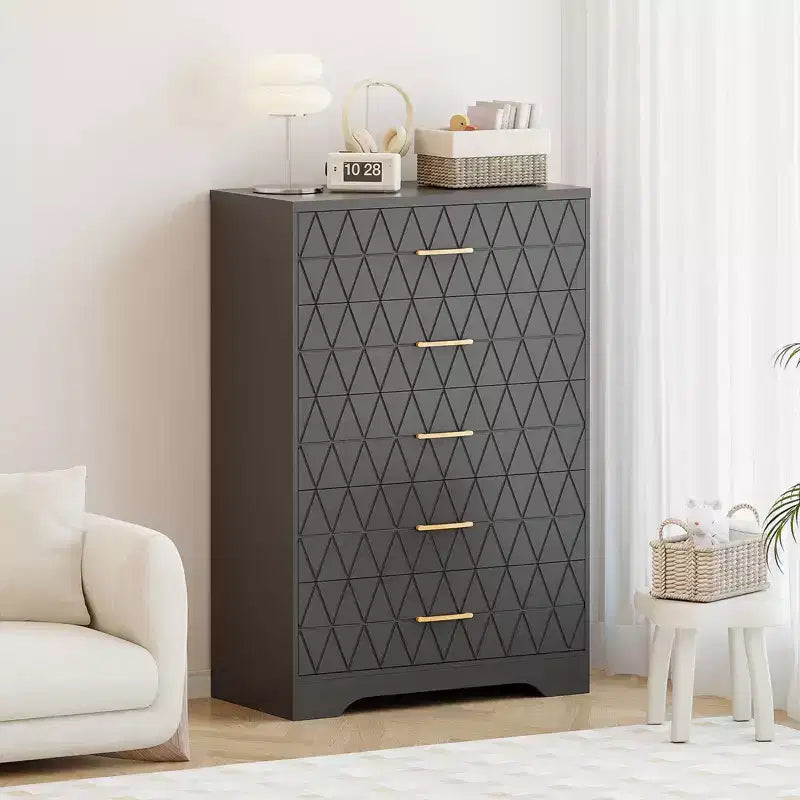 5 Drawer Tall Wood Dresser for Bedroom, Wooden Chest of Drawers with Gold Handles for Closet, Modern Storage Cabinet and Organizer Drawers
