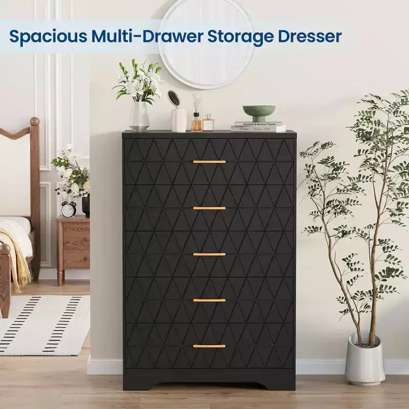 5 Drawer Tall Wood Dresser for Bedroom, Wooden Chest of Drawers with Gold Handles for Closet, Modern Storage Cabinet and Organizer Drawers