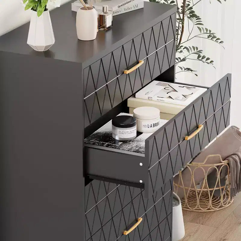 5 Drawer Tall Wood Dresser for Bedroom, Wooden Chest of Drawers with Gold Handles for Closet, Modern Storage Cabinet and Organizer Drawers