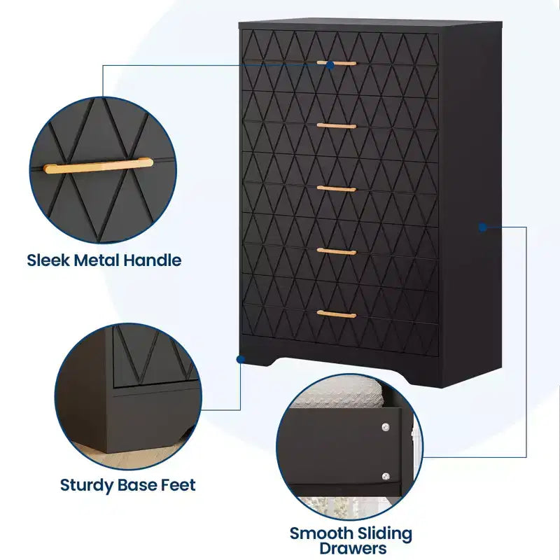 5 Drawer Tall Wood Dresser for Bedroom, Wooden Chest of Drawers with Gold Handles for Closet, Modern Storage Cabinet and Organizer Drawers
